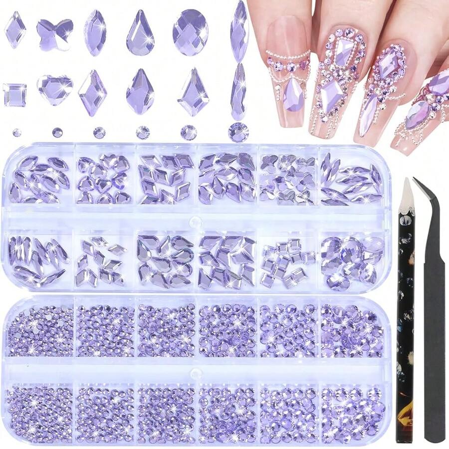 Nail Rhinestones - 3D Multi Shape Size, Flat Back, Crystals Manicure Rhinestones Charms, Light Purple Nail Gems, With Kit, For Nail Art, Bedazzling Acrylic Nails, DIY Decor{"Color_name":"9#LightPurpleNailRhinestones"} - 9#淺紫色指甲水鑽 - 查看 1