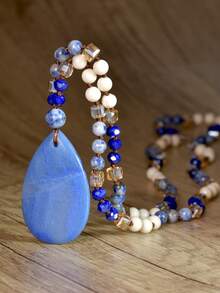 Dây chuyền thắt nút thủ công 108 hạt đá Aventurine, Rhodochrosite, Sodalite & Labradorite với mặt dây chuyền hình giọt nước lớn, trang sức đá tự nhiên phong cách Bohemian, món quà đặc biệt cho năm mới. - Nhiều màu - Xem 11