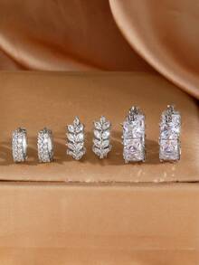 6pcs Cubic Zirconia Hoop Earrings Sets Women Leaf Silver Plated Earrings Holiday Party Birthday Wedding Jewelry Gift For Girlfriend Wife Couple