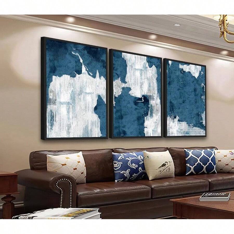 Large Framed Wall Art Canvas - Natural Framed Art Canvas Pictures For Living Room Modern Canvas Prints For Bedroom Black Float Framed Artwork For Home Office Kitchen Decor 16" X 24" X 3pcshalloween - 藍色 - 查看 1
