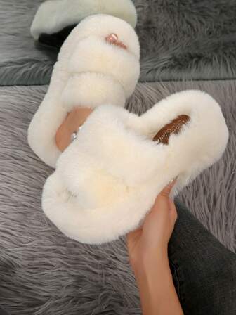 Women's One-Strap Round Toe High Heel House Slippers, Fashionable Outdoor Wear, Comfortable Fluffy Heeled Slippers