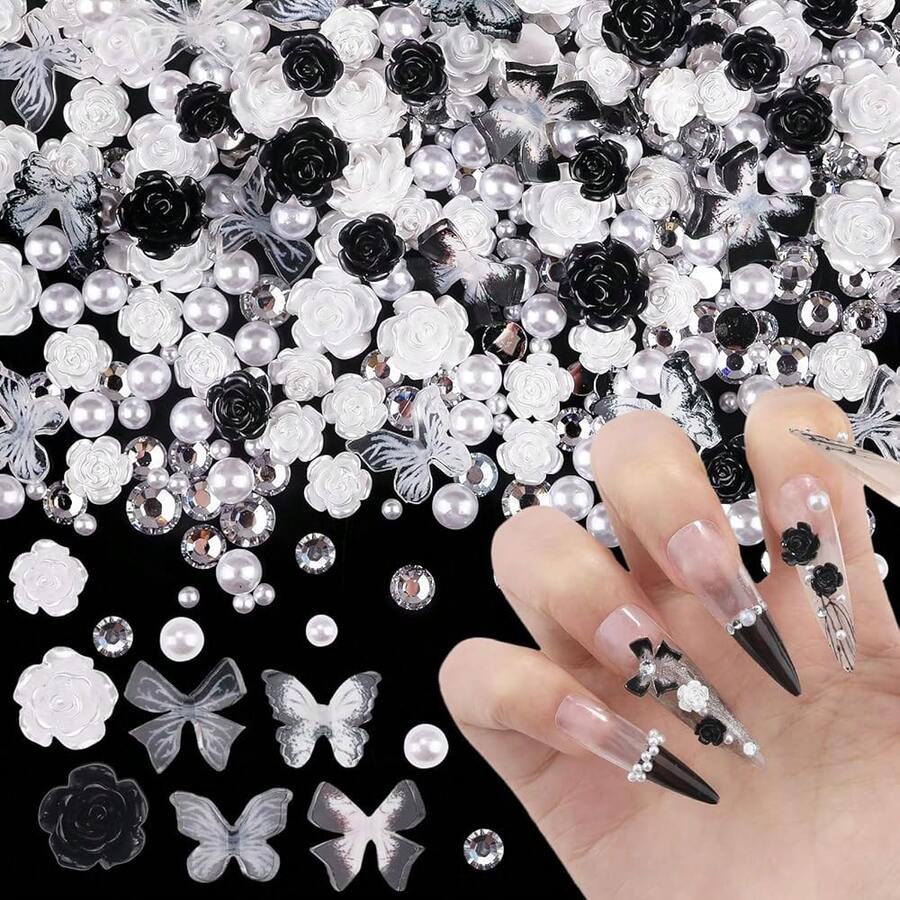 400pcs Acrylic Butterfly Bow Bear Flower Heart Crown Nail Charms Mixed Starry AB Nail Rhinestones Crystals Gems For Manicure Accessories Designs DIY Crafting Accessories (Heibaihudie){"Color_name":"100pcs-Heibaihudie"} - 100pcs-黑白蝴蝶 - 查看 1
