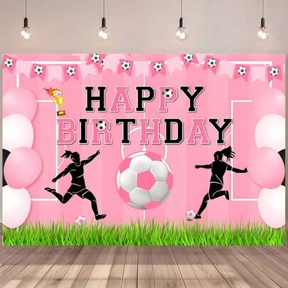 1件粉色足球主题生日派对背景布，粉色底色搭配女足球员图案，适用于生日派对、蛋糕桌装饰、家居花园和客厅装饰、拍照背景以及体育主题庆祝活动和摄影。