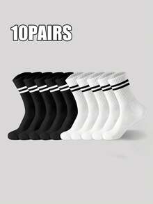 3/5/10 Pairs Of Striped Mid-Calf Socks, Crew Socks, Comfortable And Breathable, Men's And Women's Long Socks, White Socks, Suitable For Daily, Sports, Fall Socks - Multicolor - View 8