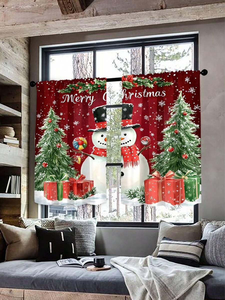 1pc Christmas All-Over Christmas Elements Multicolor Cartoon Pattern Digital Printing Decorative Curtain, Suitable For Home, Kitchen, All Seasons - Multicolor - View 1