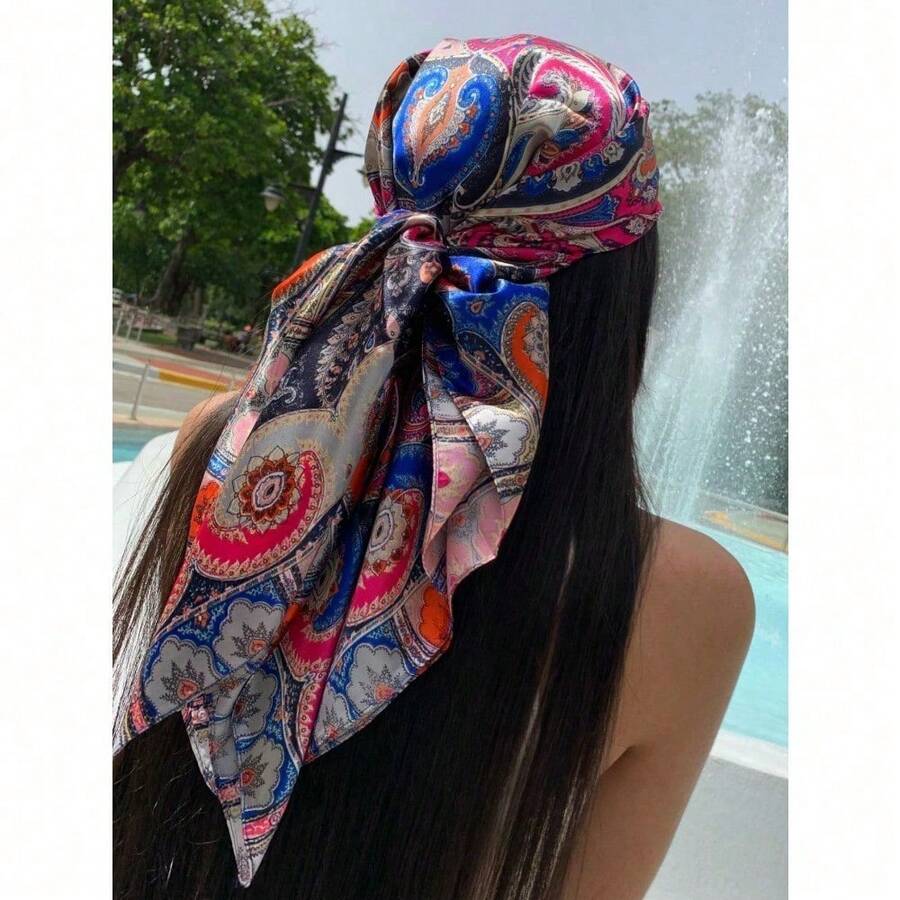 1PC Women's Red And White Paisley Printed Bandana Square Towel, 90CM Large Women's Satin Square Silk Feeling Hair Scarf Wrap Headscarf - 玫紅色 - 查看 1