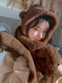 Winter 3pcs/set Women's Cute Bear Hat, Plush Scarf & Gloves Set With Hood Protecting Ears From Wind & Keep Warm