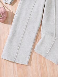 Left Mama 2 件套女童花卉印花保暖长袖上衣和直筒裤套装，秋冬 - 淺灰色 - 查看 7