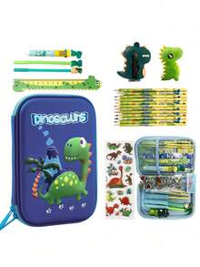 26件套铅笔盒文具套装，可爱独角兽恐龙铅笔袋，3D EVA铅笔盒收纳盒，带隔层、铅笔、橡皮擦、卷笔刀和贴纸，文具用品，粉色蓝色，返校季，书包