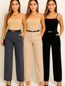 Kit 3 Women's Tailored Trousers With Belt - Xám / Be / Đen - Xem 4