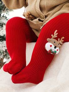 1 件婴儿圣诞驯鹿和圣诞老人印花红色紧身裤，适合圣诞节假期装 - 紅色 - 查看 4