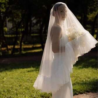 1 件优雅褶饰新娘婚礼头纱，带流苏，褶皱垂坠头纱，女士发饰