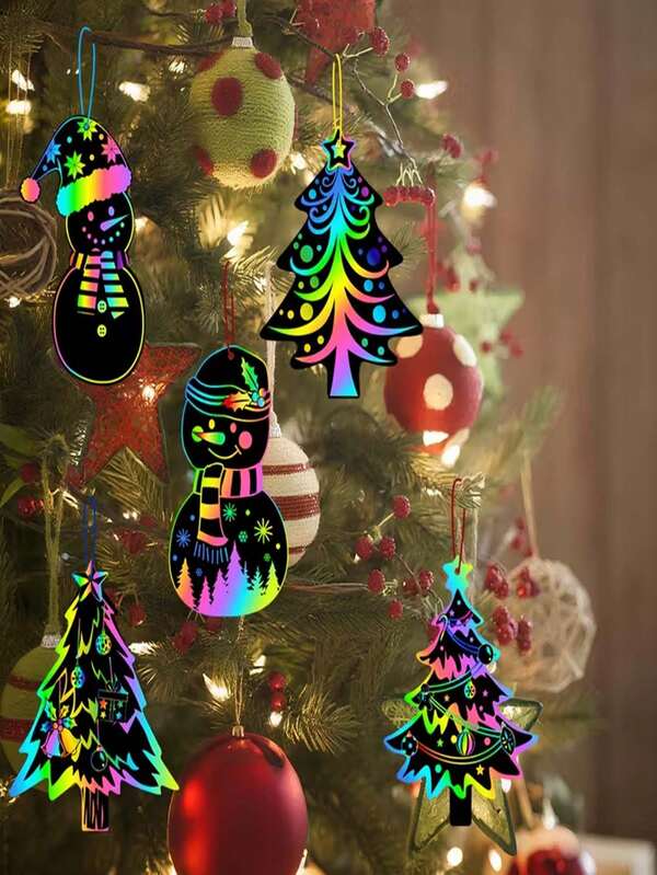 24 Stück Regenbogen Kratzbilder, Weihnachtsbasteleien Kratzkunst für Schneemann & Weihnachtsbaum, Weihnachtsschmuck zum Aufhängen als Partyzubehör