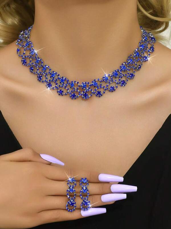 3pcs Women's Full Rhinestone Fashion Earrings & Necklace 2-Piece Jewelry Set, Hollow Chain, Bridal Birthday Party Gift