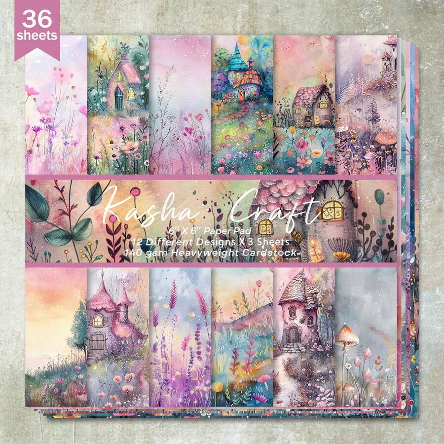 36 Sheets 6inch (Pink Dreamland Castle Background) Scrapbooking Paper, Suitable For Bullet Journal, Collage, Greeting Cards, Scrapbooks And Crafts - Mauve Purple - View 1