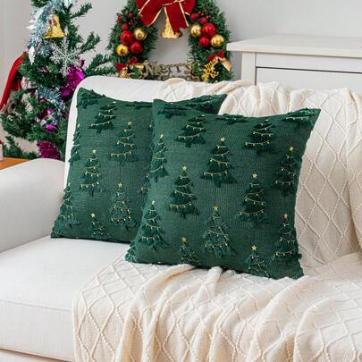 2pcs Quilted Plush Christmas Tree Pillow Covers, Christmas Style Suitable For Living Room, Bedroom, Sofa, All Seasons