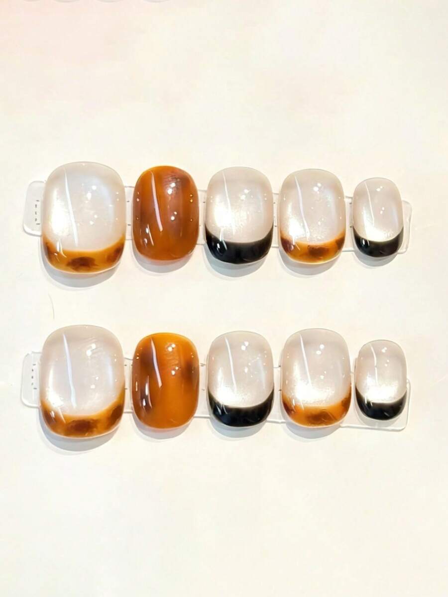 10 件纯手工按压指甲短指甲椭圆形指甲主要采用棕色和黑色等暖色调闪烁猫眼底色手绘法式风格带有淡淡的豹纹复古高端温柔优雅可爱指甲适合女士和女孩春夏秋冬节日派对和日常生活使用 - 棕色 - 查看 1