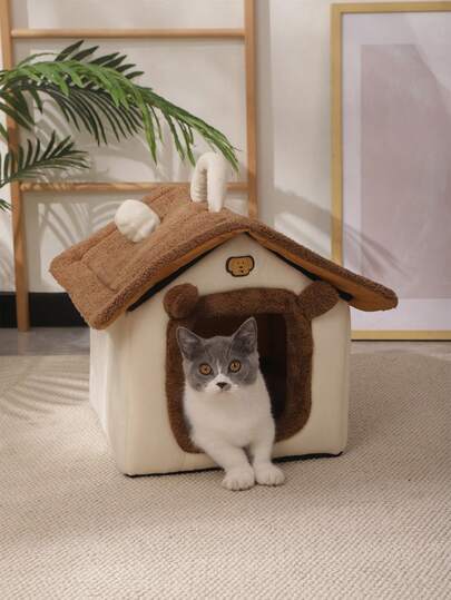 1 قطعة سرير حيوانات أليفة محمول بشكل بيت قطة، عش حيوان أليف داخلي مع دعم ثلاثي الأبعاد وتصميم مضاد للانزلاق للقطط والكلاب الصغيرة