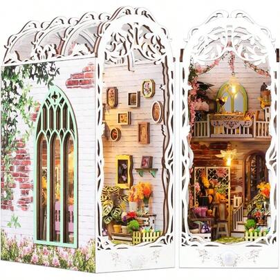 TuKIIE DIY Book Nook Miniature Kit Booknook Dollhouse Bookshelf Insert With Sensor Light And Dust Proof Wooden Decorative Bookend Stand Model Kits For Teens Adults Flower House