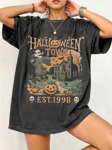 1998 Vintage 90s Style Graphic T-Shirt, Retro Halloween University Spooky Top, Halloween Fall Clothes For Women Nightmare Before Christmas Spooky Tee, Oversized Casual Loose Fit Round Neck Short Sleeve T-Shirt For Women  Printed T-Shirt Retro Pattern Fashionable Style Limited Edition Hot Recommendation - Màu xám đen - Xem 1