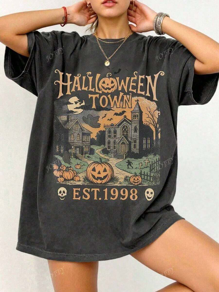 1998 Vintage 90s Style Graphic T-Shirt, Retro Halloween University Spooky Top, Halloween Fall Clothes For Women Nightmare Before Christmas Spooky Tee, Oversized Casual Loose Fit Round Neck Short Sleeve T-Shirt For Women  Printed T-Shirt Retro Pattern Fashionable Style Limited Edition Hot Recommendation - Màu xám đen - Xem 1