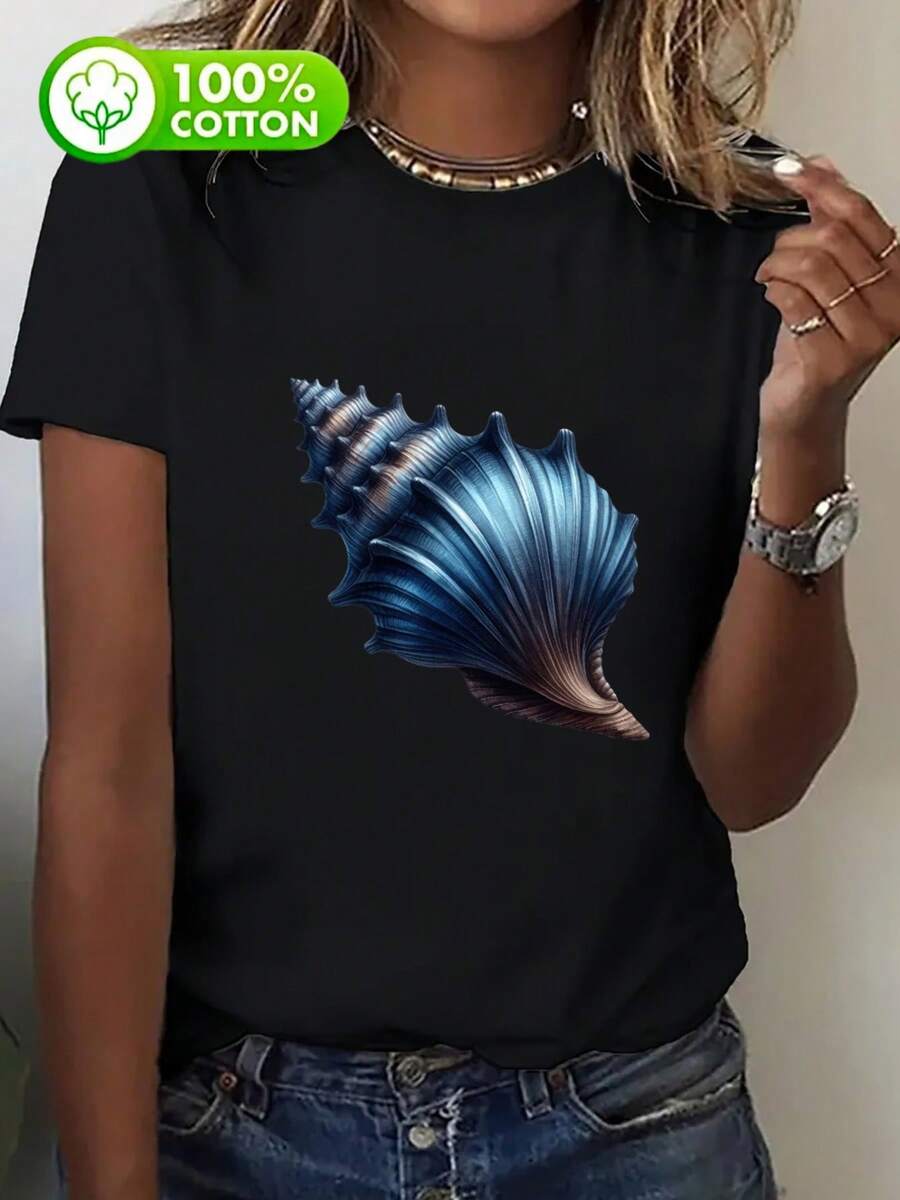 Camiseta de Algodón Oversize para Mujer - Estampado Boho Chic con Conchas, Cuello Redondo y Manga Corta Holgada, 180gsm Transpirable para Salidas a la Playa y Ropa Casual, Ideal para Verano - Negro - Ver 1