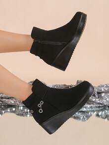 Botas femininas pretas de cano curto, salto plataforma, zíper lateral, minimalistas, versáteis, adequadas para deslocamento no outono/inverno - Preto - Ver 2