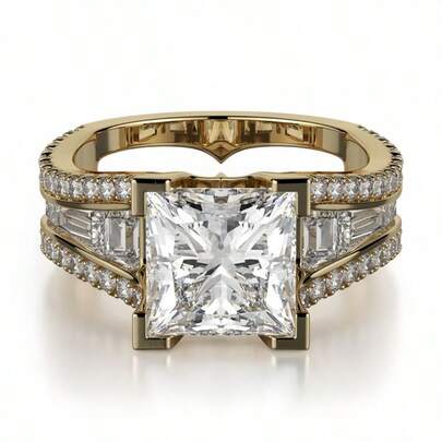 1 pièce Bague d'engagement en cuivre plaqué or 14 carats, incrusté de zirconium cubique blanc synthétique brillant - idéal pour les fiançailles et les demandes en mariage, un cadeau de bijoux inoubliable