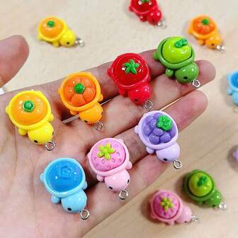 10 piezas de divertidos dijes de resina con diseños de frutas, flores y tortugas en 3D | Aretes, llaveros y accesorios de joyería DIY con diseños de animales de dibujos animados y colores vibrantes
