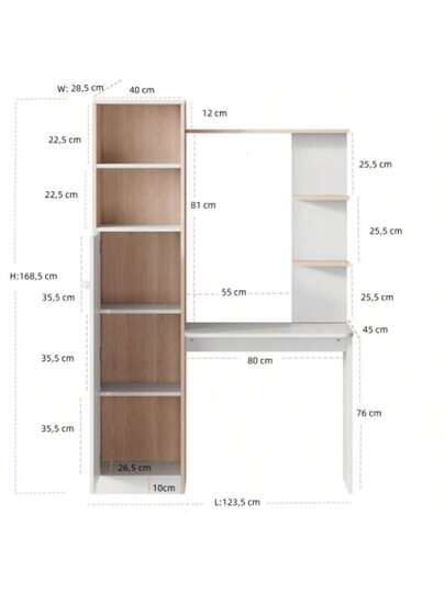 Arbeitstisch/Schreibtisch Mit Aufbewahrung Wit Stabholzkontrast, Unterer Schrank Türen Und Oberes Offenes Regal, Büro 123.5x45x168.5 Cm view 3