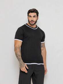 Men's Rib Knit Short Sleeve T-Shirt Round Neck High Stretch Regular Fit Tee - Black - View 5