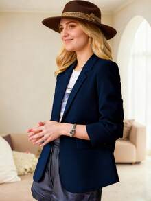 HOMEYEE Vintage Elegant Casual Blazer Jacket With Lapel Collar, Long Sleeve, Pockets, Back Slit, Suitable For Business, Plus Size Spring - Navy Blue - View 3