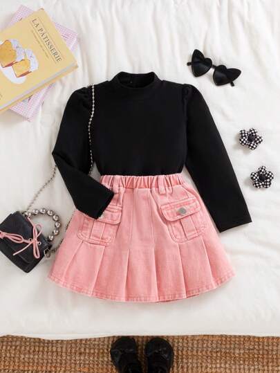 Conjunto de 2 piezas de niña elegante con blusa de cuello mao de unicolor y manga princesa, combinada con falda vaquera de moda, adecuado para la escuela, el trabajo, las vacaciones, al aire libre y el uso diario