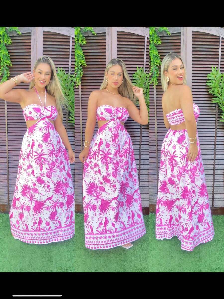 Printed Long Dress With Padded Summer 4 Ways To Wear - 粉紅色和白色 - 查看 1