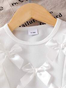 Baby Girl 2Pcs Set Soft Casual White Long Sleeve Top With Multiple 3D Bow Decor & Lace Trim Plus Jeans Pants With Embroidered Butterflies And Elastic Waist