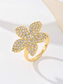 1 pieza Anillo abierto exagerado con zirconia incrustada en un diseño floral lujoso y de moda, adecuado como regalo para mujeres en bodas, fiestas, vacaciones, Día de San Valentín, Día de la Madre