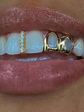 Set de 2 piezas de dientes postizos de oro con corazón hueco y diamante, moda callejera diaria y fresca