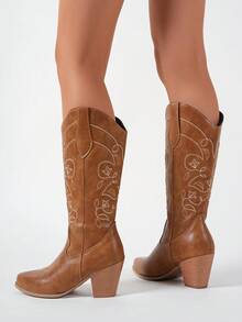 棕色女式牛仔靴，新款秋冬西部风格时尚尖头刺绣粗跟中筒套脚靴 - 棕色 - 查看 4