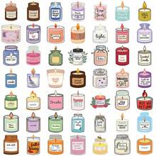50 Hand-Drawn Candle Stickers: This Set Features Scented Candle-Themed Stickers In A Charming Hand-Drawn Style. The Scented Candles In The Stickers Are Housed In Glass Jars Of Various Shapes And Colors, With Lifelike Flames. Each Jar Features Different Label Texts Indicating The Candle's Fragrance