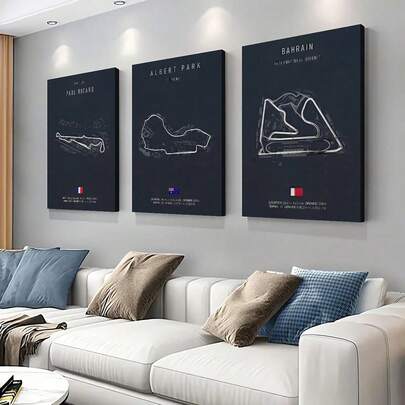 3 pièces Impressions sur canevas de pistes de formule - Paul Albert Park, Circuit international de Bahreïn - Décoration murale art moderne, Imperméable et durable, Utilisation intérieure/extérieure, Parfait pour la chambre, le salon, le bureau à domicile, la salle de bain ou la salle à manger, Art mural intérieur | Décoration murale minimaliste sur canevas