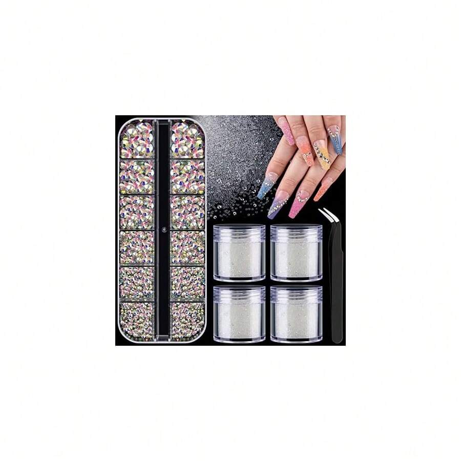 1.5-6mm Round AB Nail Rhinestones Crystals For Nail Art Manicure And Clear Pixie Caviar Beads, Sugar Tiny Dust Glass Iridescent Long Lasting Shine Rhinestone Bead Gem Jewels Diamond{"Size_name":"1.5-6mmAB+Clear"} - 1.5-6mmAB+透明 - 查看 1