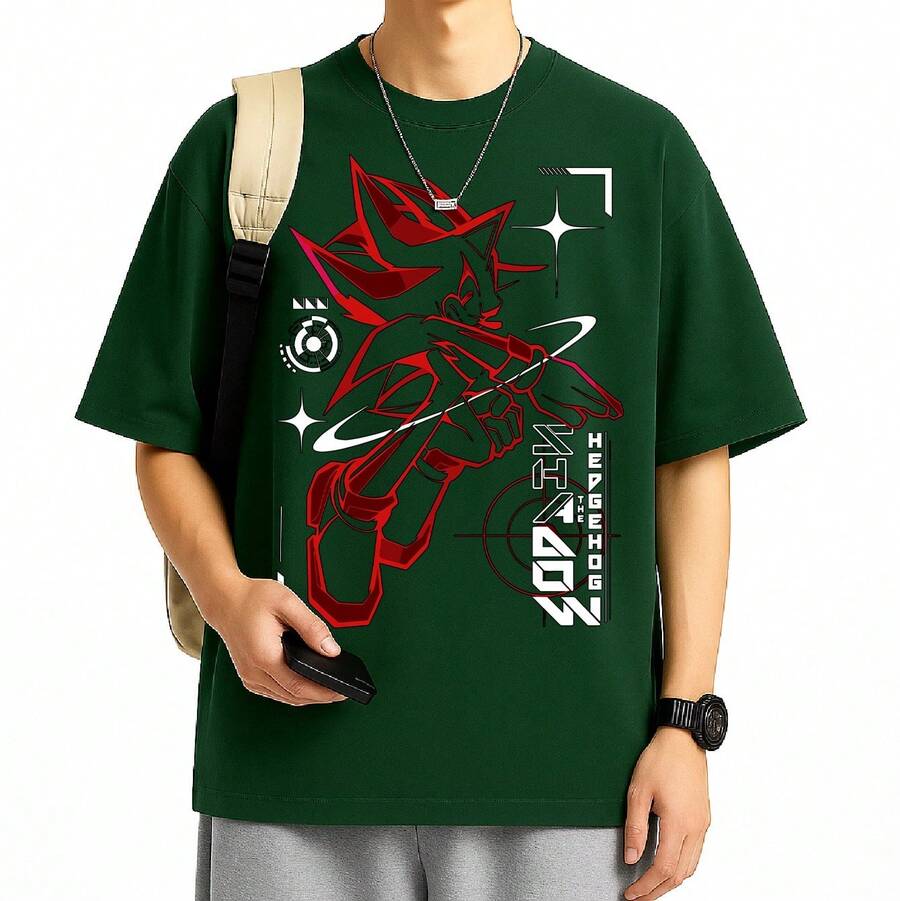 Shadow Soniic T-Shirt Cartoon Video Game Geek Game Unisex Male Female 100% Cotton Premium Top Streetwear Launch Immediate Shipping Various Colors!! Plus Size - 軍綠色 - 查看 1