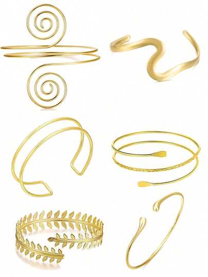 6pcs Minimalist Fashion Vacation Casual Metal Geometric Arm Cuff Adjustable Bracelet, Halloween Decor For Women