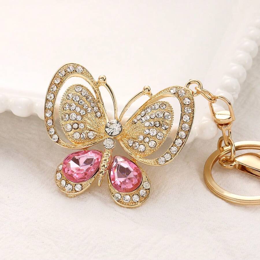 Llavero de coche con mariposa de strass, llavero de bolso de metal con diseño lindo, accesorio casual de aleación de zinc con mariposa estilo europeo y americano, regalo de Navidad y otoño