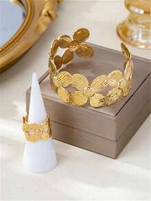 2pcs/Set Floral Jewelry Set For Women, Fashionable Minimalist 4-Petal Flower Bangle & Ring, European And American Style Accessories