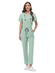 Set Seragam SPA Wanita, Atasan Lengan Pendek Lembut dan Bernapas dengan Bahan Matte dan Celana Panjang Lurus, Cocok untuk Ahli Kecantikan, Teknisi Kuku, dan Perawat - Mint Green - View 7