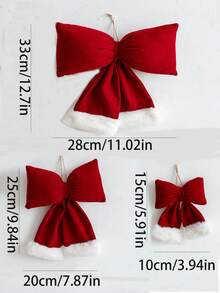 1 Pc Fuzzy Red White Christmas Bow, Rustic Farmhouse Tree Ornament, Cozy Holiday Party Decoration, Gift Topper - Red and White - View 3