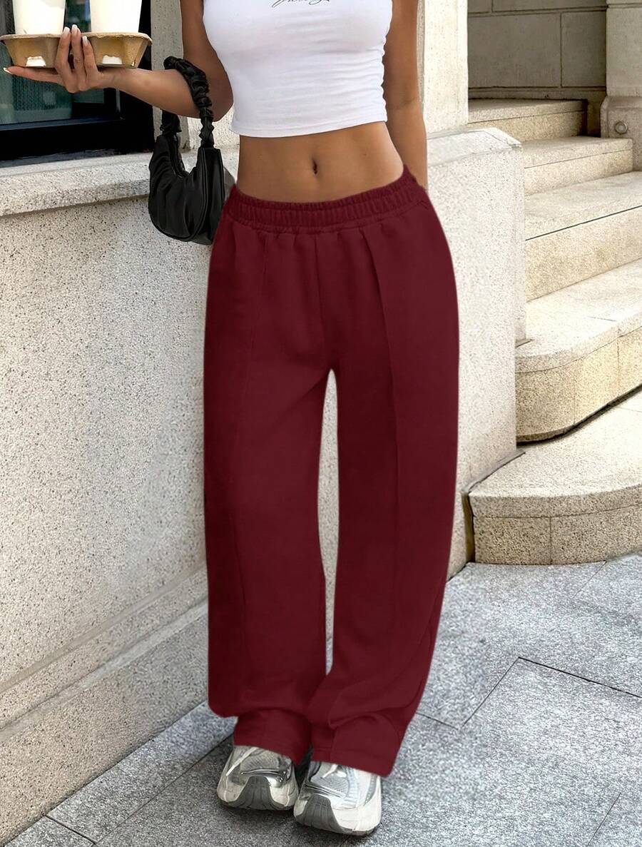 Pantalones de chándal sueltos y casuales de unicolor con cintura elástica - Burdeos - Ver 1