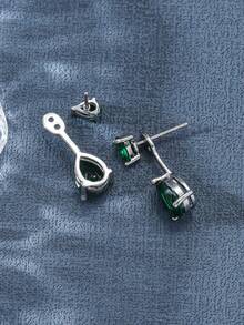 2pcs Copper Inlaid Cubic Zirconia Teardrop Stud & Dangle Earrings Set For Women, Elegant And Sophisticated Design, Rich Color Combination, Vintage And Luxurious Style Earrings To Enhance Your Outfit - Teardrop Shape - View 7