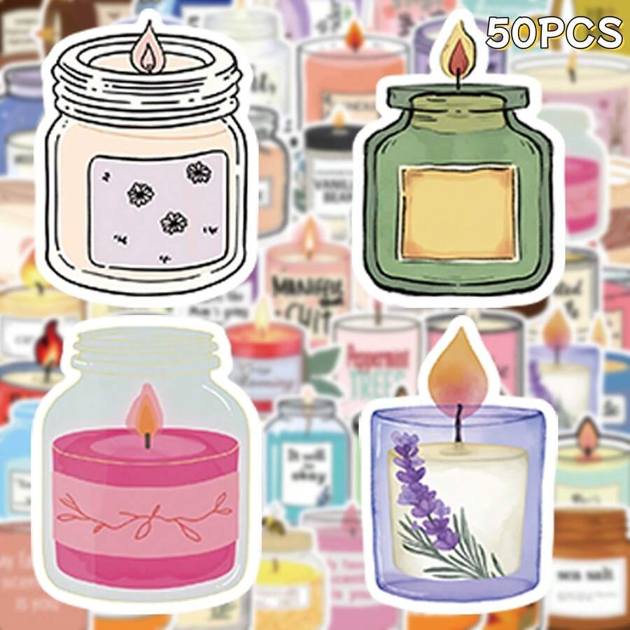 50 Hand-Drawn Candle Stickers: This Set Features Scented Candle-Themed Stickers In A Charming Hand-Drawn Style. The Scented Candles In The Stickers Are Housed In Glass Jars Of Various Shapes And Colors, With Lifelike Flames. Each Jar Features Different Label Texts Indicating The Candle's Fragrance